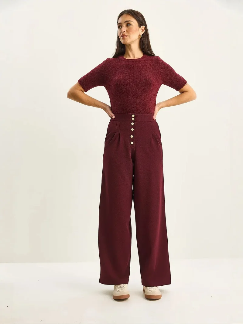 Bianco Lucci Burgundy Red LUCCI High Waist Wide Leg Palazzo Pants for Women | Best Price UAE